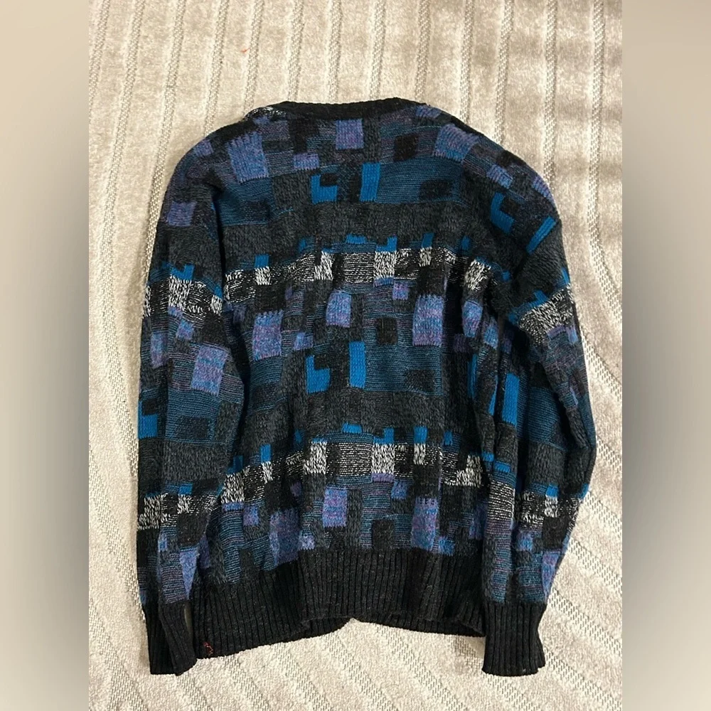 Vintage Block Pattern Grandpa Sweater Buttoned Cardigan - L